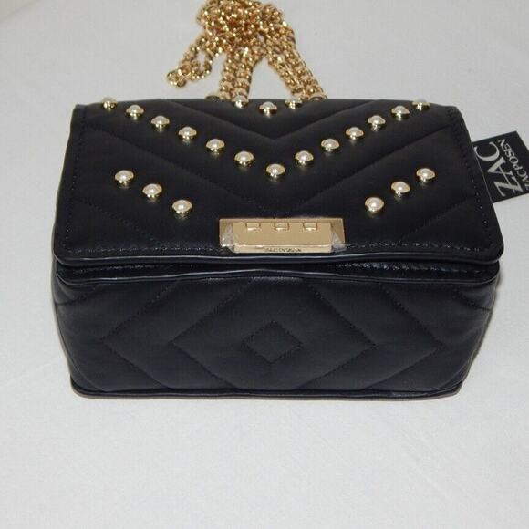 ZAC POSEN SOFT EARTHETTE Pearl Lady Chevron Quilted Chain Shoulder Bag Black NWT - Picture 10 of 14
